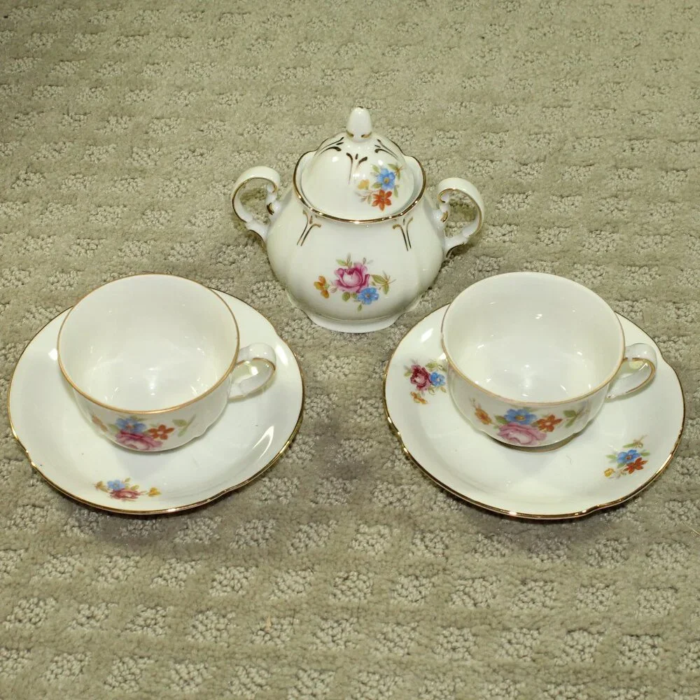 Set of 5 Antique GKC German US Zone Two Gold Trimmed Floral Cups/Saucers & Sugar